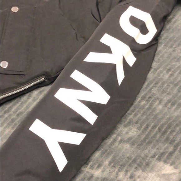 DKNY black puffer jacket with faux fur hood. - Picture 3 of 4